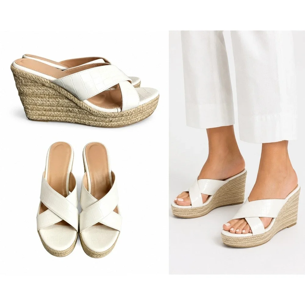 Wedge Sandal 9 White Boho Resort Beach Croc Embossed‎ Espadrille Platform Slides